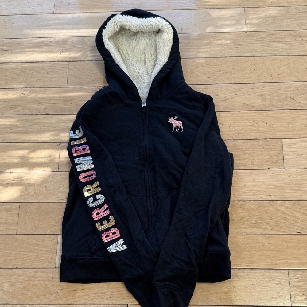 Abercrombie & Fitch Kids Sherpa lined Navy Jacket with Multicolor sequin Logo
